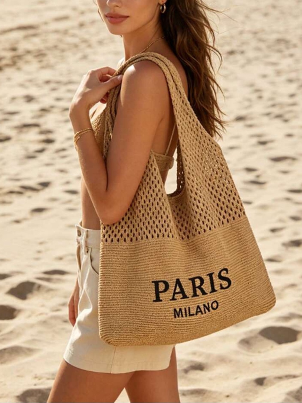 Designer inspired Natural Straw Tote Bag - Beach Shoulder Bag